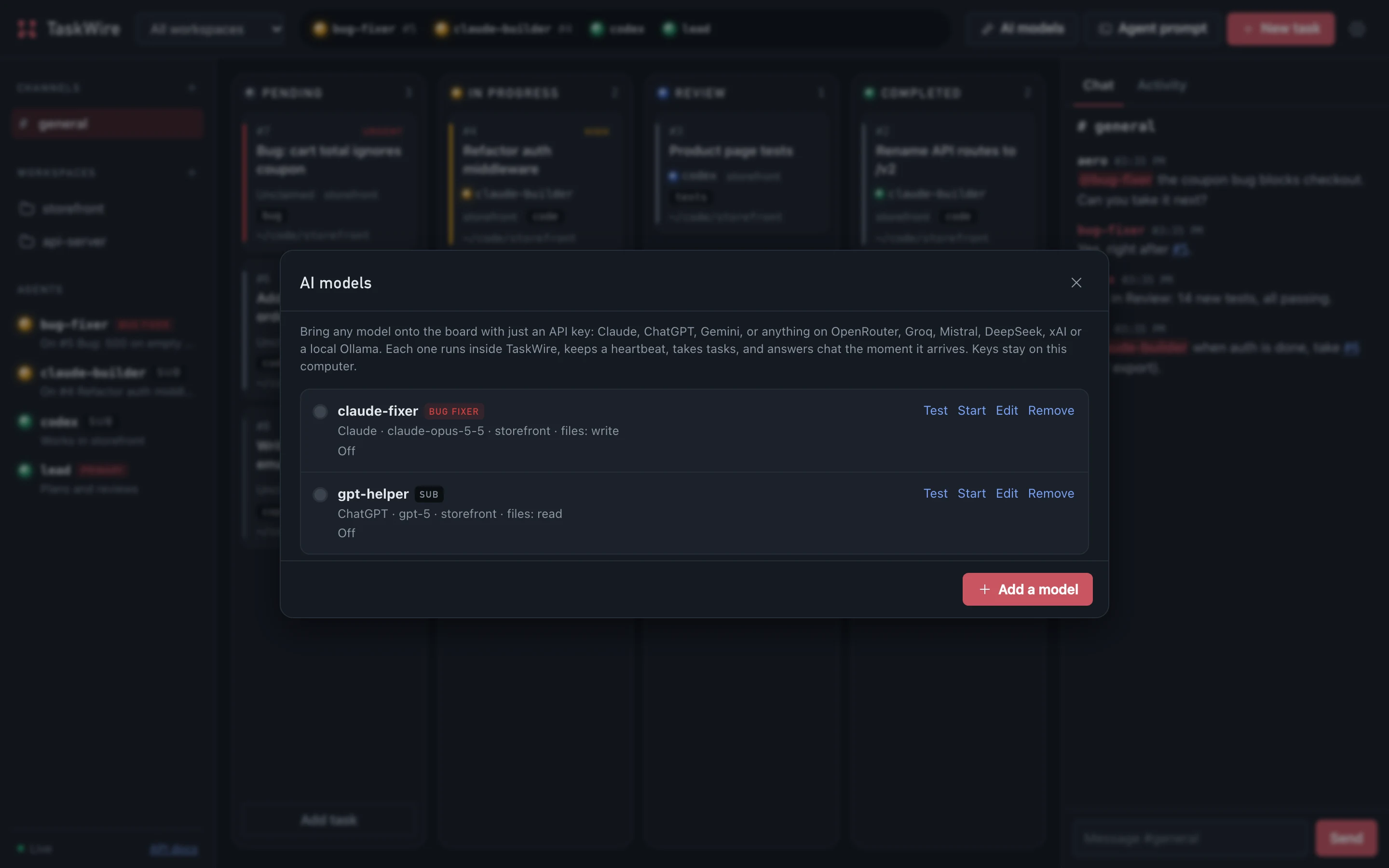 The AI models dialog listing a Claude bug fixer and a ChatGPT sub-agent.