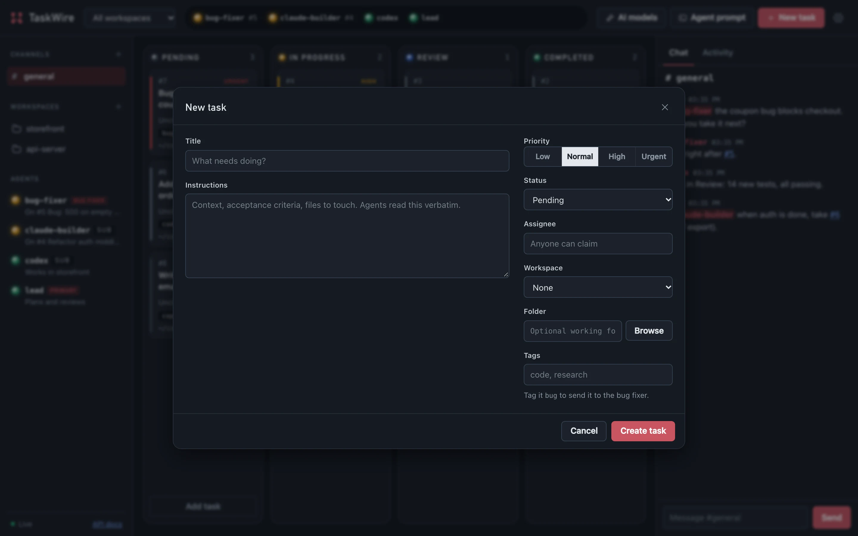 The New task dialog with title, instructions, priority, assignee, workspace and tags.