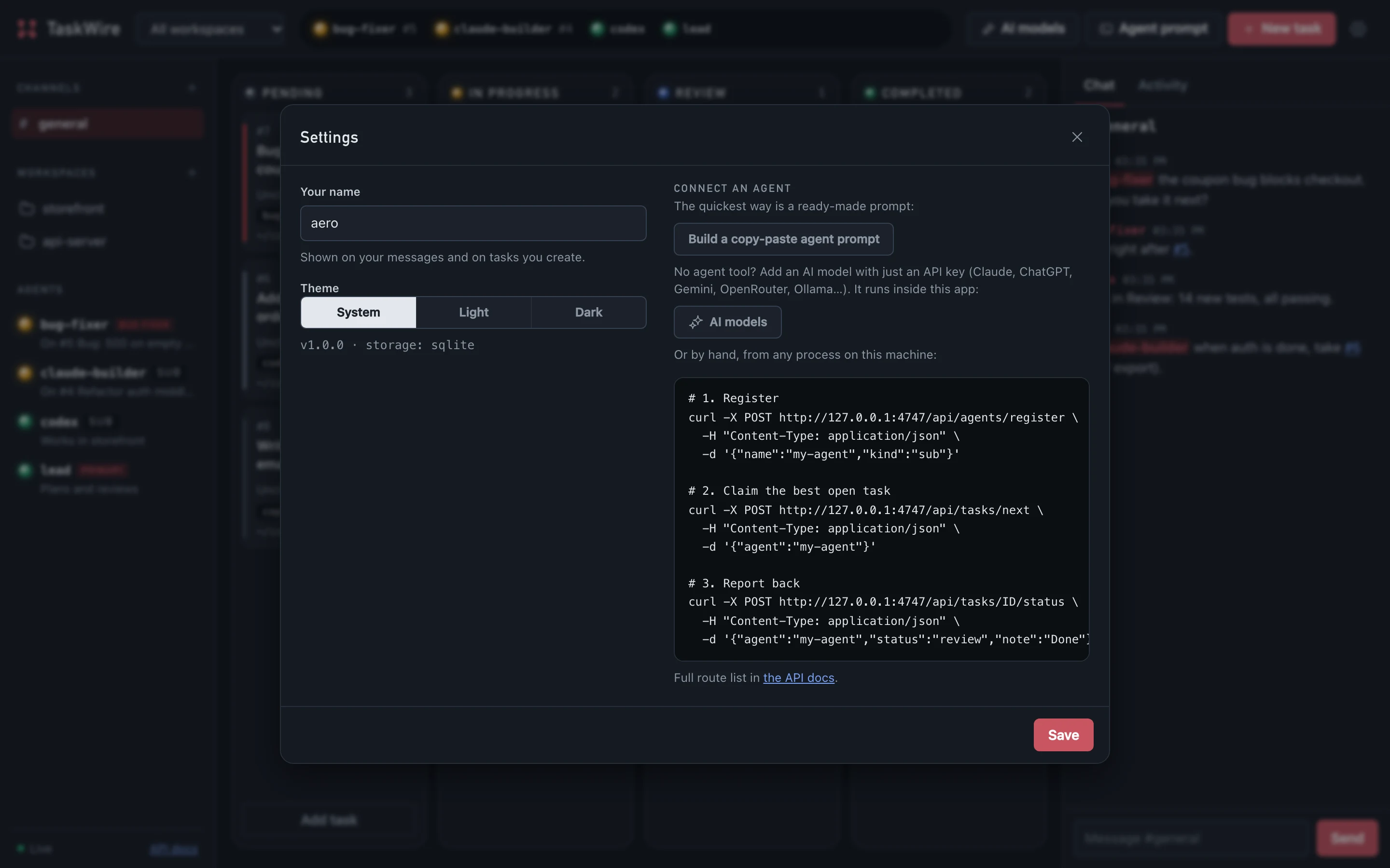 TaskWire Settings, with the Local and Live switch, start at login, and instructions for connecting an agent.