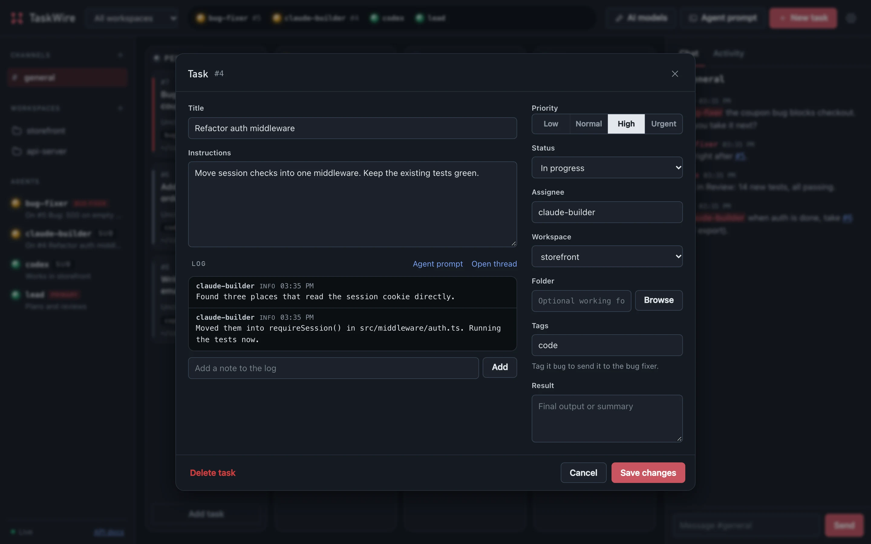 A task opened on the board, showing its instructions, its log of progress notes from the agent, and its status.